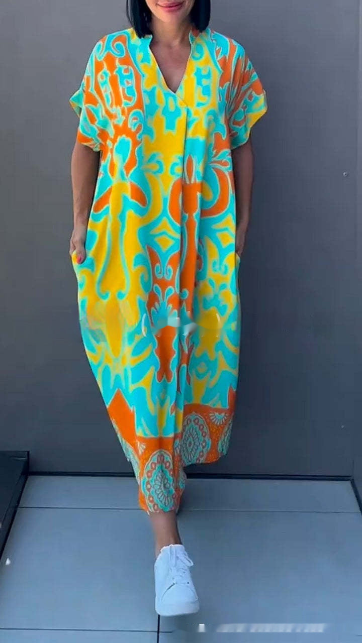 Francesca – Lockeres V-Ausschnitt Kleid mit einfachem Druck