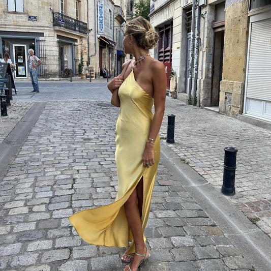 Phoebe – Hochklassiges Satin-Kleid in Französisch-Gelb