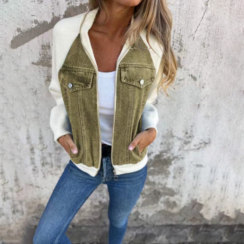 Sandra – Modische Damen-Denim-Patchwork-Jacke mit Kapuze