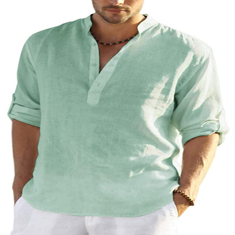 Herren Henley Shirt Langarm – Casual Sommerhemd mit Stehkragen für Freizeit, Büro und Urlaub