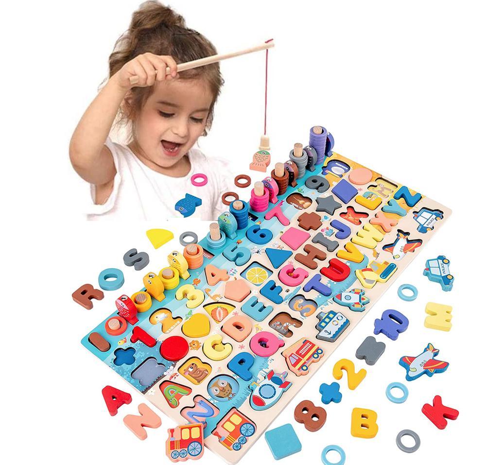 Kinder Lernspielzeug Holzpuzzle Alphabet, Zahlen & Formen – Pädagogisches Steckspiel für Jungen und Mädchen