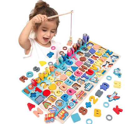 Kinder Lernspielzeug Holzpuzzle Alphabet, Zahlen & Formen – Pädagogisches Steckspiel für Jungen und Mädchen