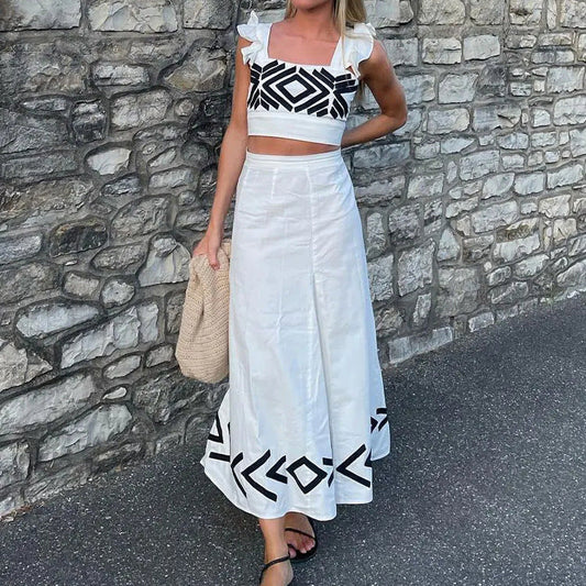 Lynda – Geometrisch bedrucktes hoch tailliertes Trägerkleid mit fliegenden Ärmeln