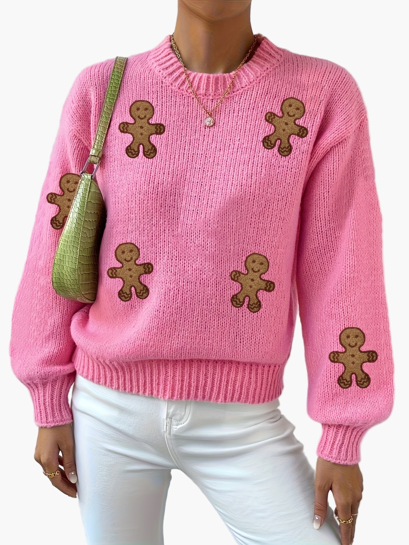 Damen Pullover mit Lebkuchenmann Motiv – Verspielter Strick-Sweater im Trend-Design für Herbst und Winter