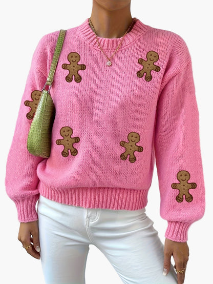 Damen Pullover mit Lebkuchenmann Motiv – Verspielter Strick-Sweater im Trend-Design für Herbst und Winter