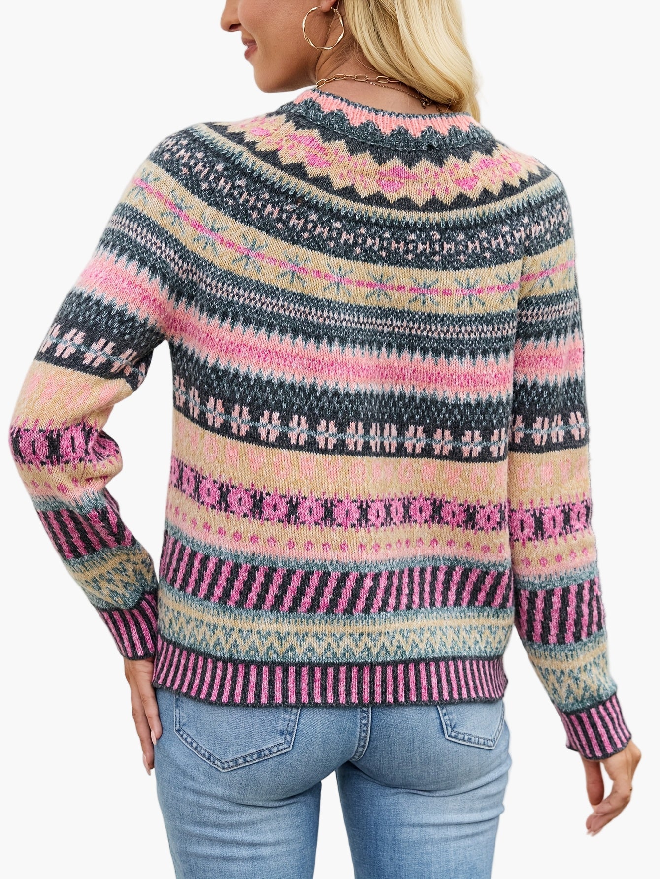 Damen Pullover im Norwegerstil mit Rundhalsausschnitt – Modischer Strickpullover für Herbst und Winter