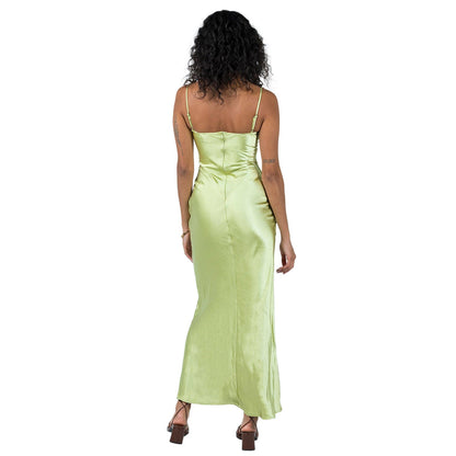 Damen Satin Maxikleid mit Blumenstickerei – Elegantes Abendkleid im Slip-Design