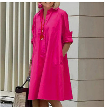 Damen A-Linien Hemdblusenkleid mit Polo-Kragen – Lässiges Midikleid für Alltag und Freizeit