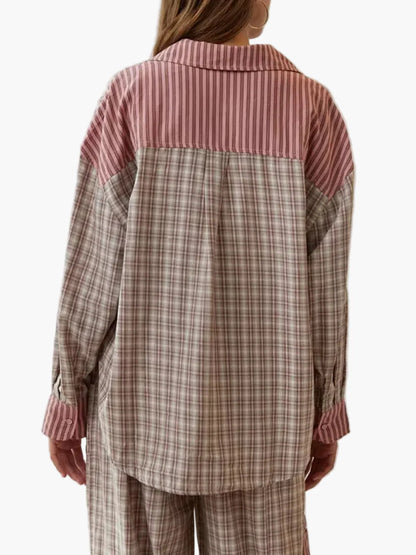Damen Pyjama Zweiteiler – Modernes Streifen-Karo Design, Lässig & Bequem für Zuhause