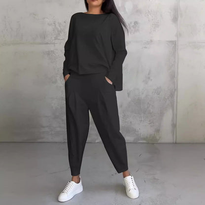 Janet – Unregelmäßiges Design Damenanzug mit Langarm-Sweater und Haremshose
