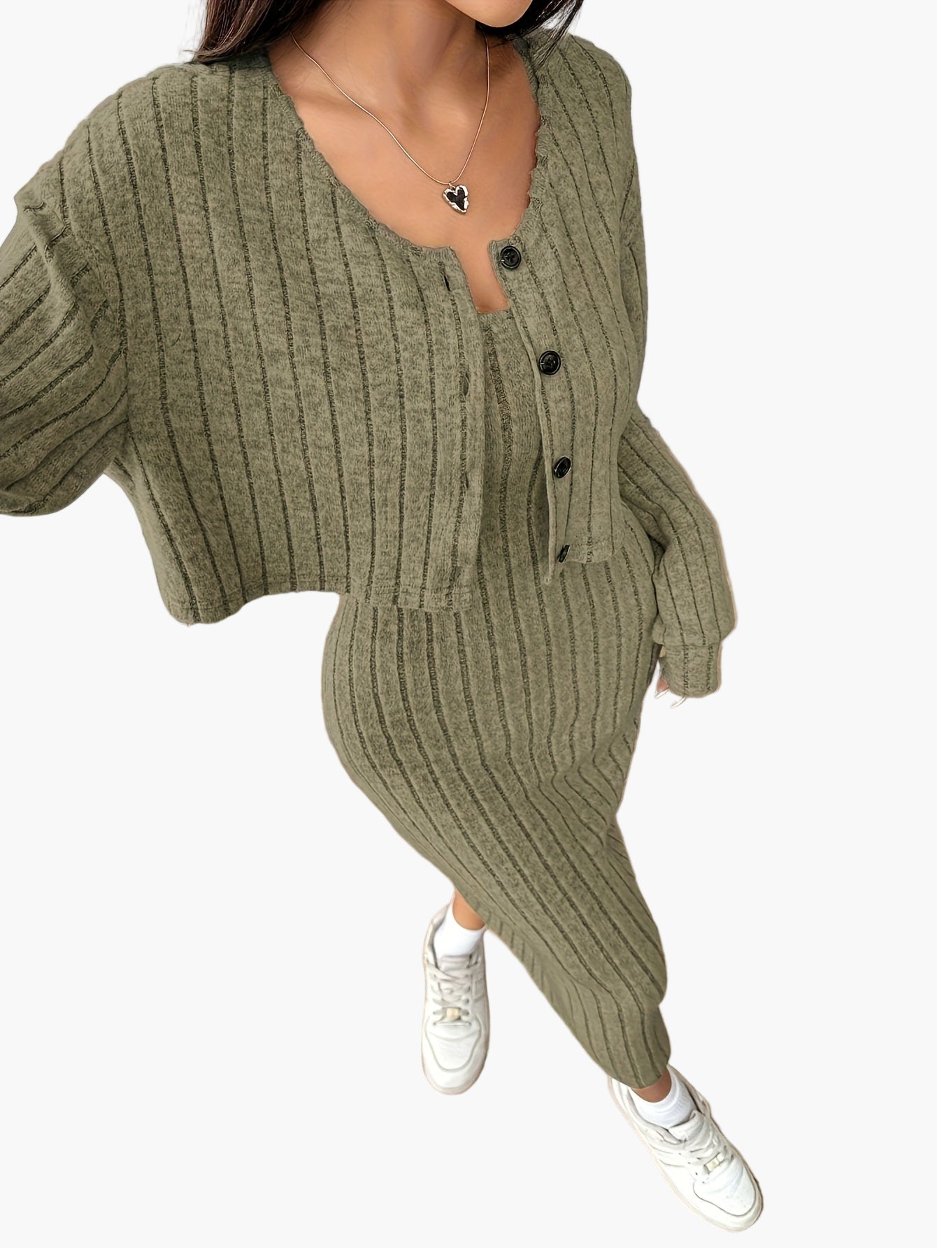 Damen Strick Zweiteiler Set – Elegantes Rippenmuster, Ideal für Alltag & Büro