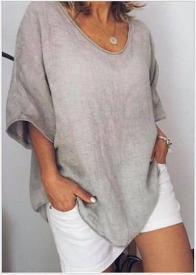 Damen Sommer Leinen Tunika Bluse – Lockere Kurzarm Oversize Freizeittop