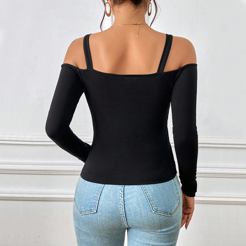 Amy – Einfaches Off-Shoulder Top mit Metallhaken und langen Ärmeln für Damen