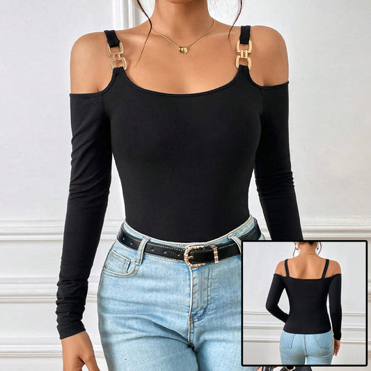 Amy – Einfaches Off-Shoulder Top mit Metallhaken und langen Ärmeln für Damen