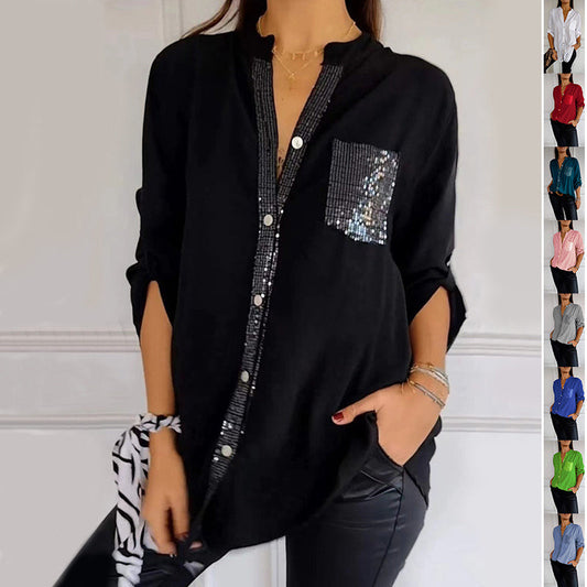 Carol – Lässiges Button-Down Langarmshirt mit Pailletten-Taschen Design