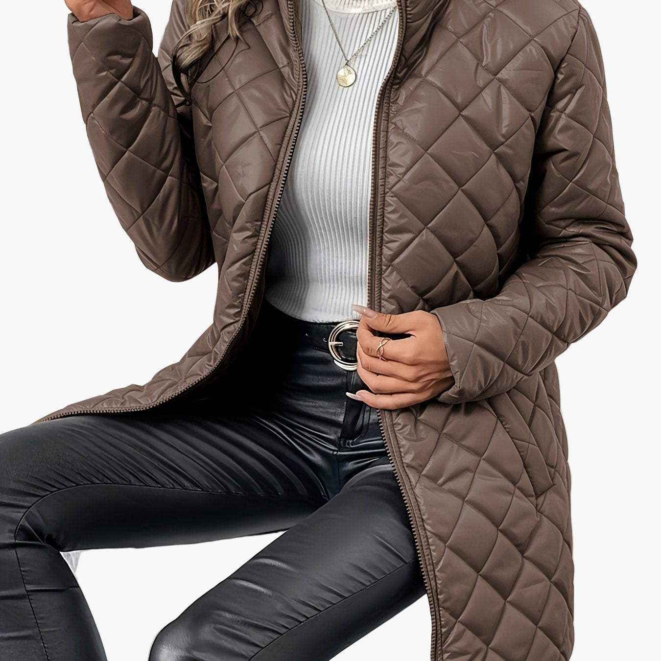 Damen Steppjacke mit modischem Rauten-Design und Stehkragen – Eleganter Übergangs-Style für Alltag und Freizeit