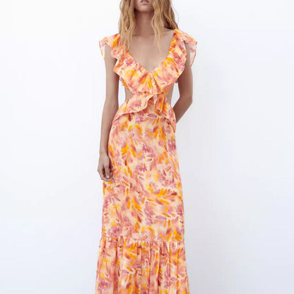 Damen Maxikleid mit Rüschen und Volants – Elegantes Sommerkleid für Freizeit und Urlaub
