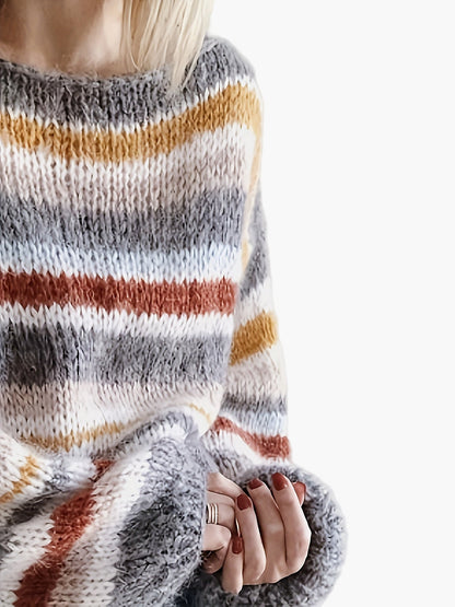 Damen Grobstrick Pullover im Streifen-Design – Lockerer, Modischer Herbst/Winter Sweater
