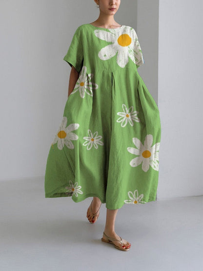 Damen Maxikleid im Retro-Stil mit großem Blumenmuster – Lockeres Sommerkleid für Alltag und Freizeit