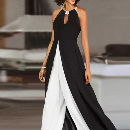 Rose – Modischer Jumpsuit mit Farbkontrast und Rundhalsausschnitt