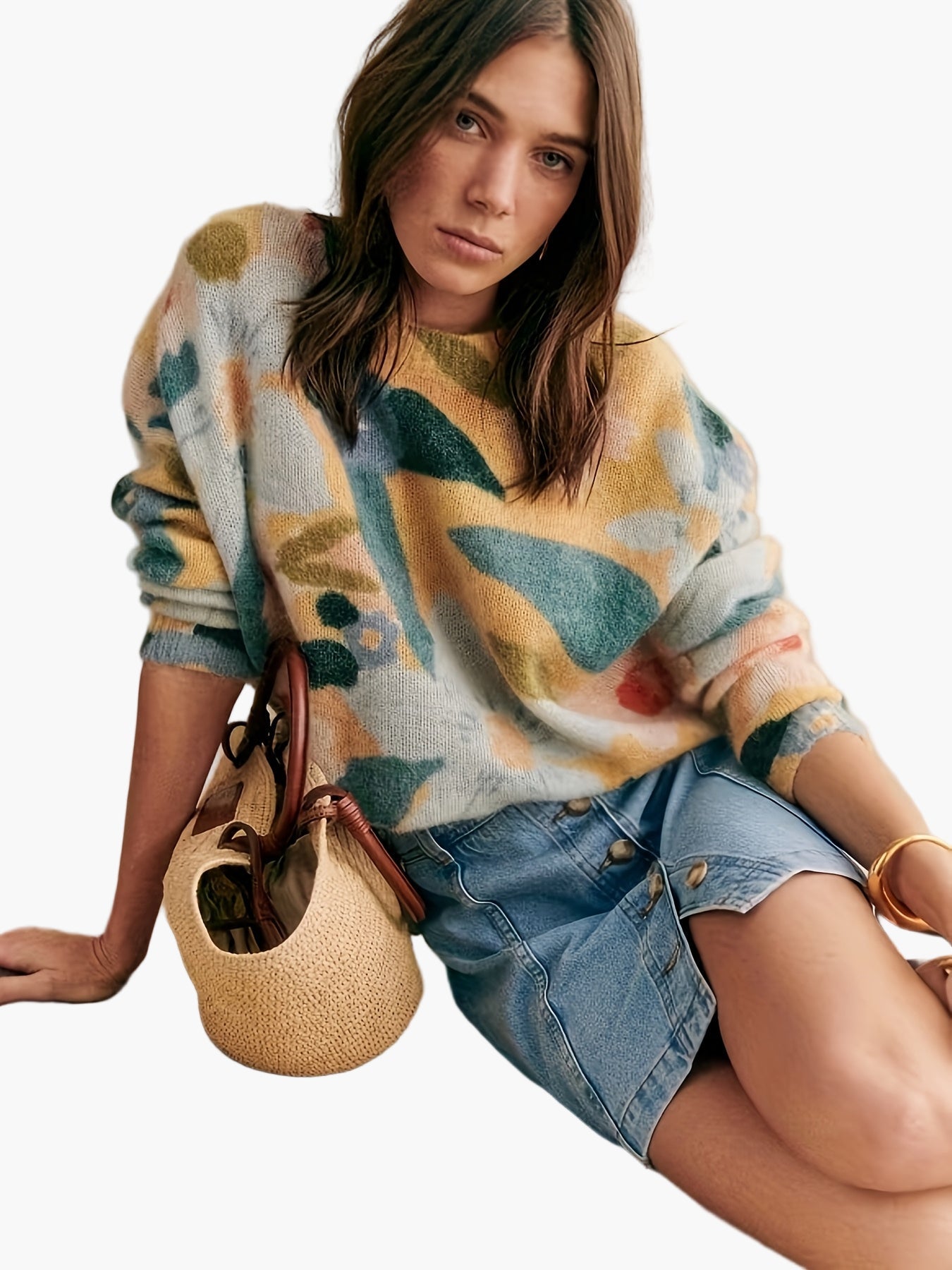 Damen Pullover mit floralem Print und modernem Colorblock-Design – Eleganter Strick für Herbst und Winter