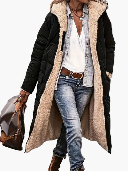 Damen Lange Steppjacke mit Kapuze und Teddyfutter – Modische Winterjacke für Alltag und Reisen