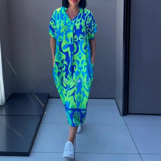 Francesca – Lockeres V-Ausschnitt Kleid mit einfachem Druck