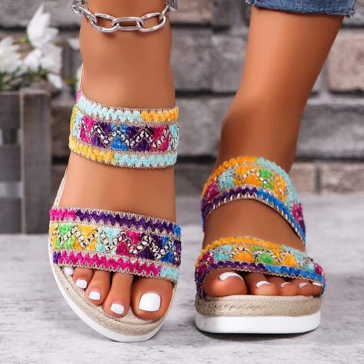 Robyn – Wellenmuster Woven Sandalen im Sommer, lässige ethnische Stil Riemchenschuhe mit Leinenboden und breiten Keilriemen für Frauen