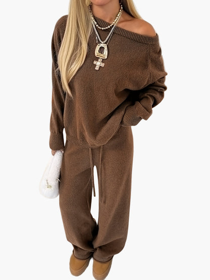 Damen Lounge Set Freizeit Zweiteiler mit weitem Schnitt – Bequemer Strickpullover und Hose, modisch für Herbst und Winter