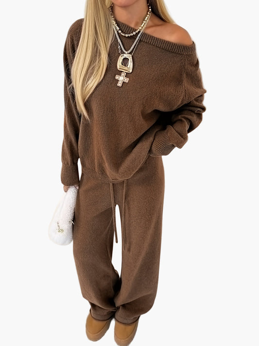 Damen Lounge Set Freizeit Zweiteiler mit weitem Schnitt – Bequemer Strickpullover und Hose, modisch für Herbst und Winter