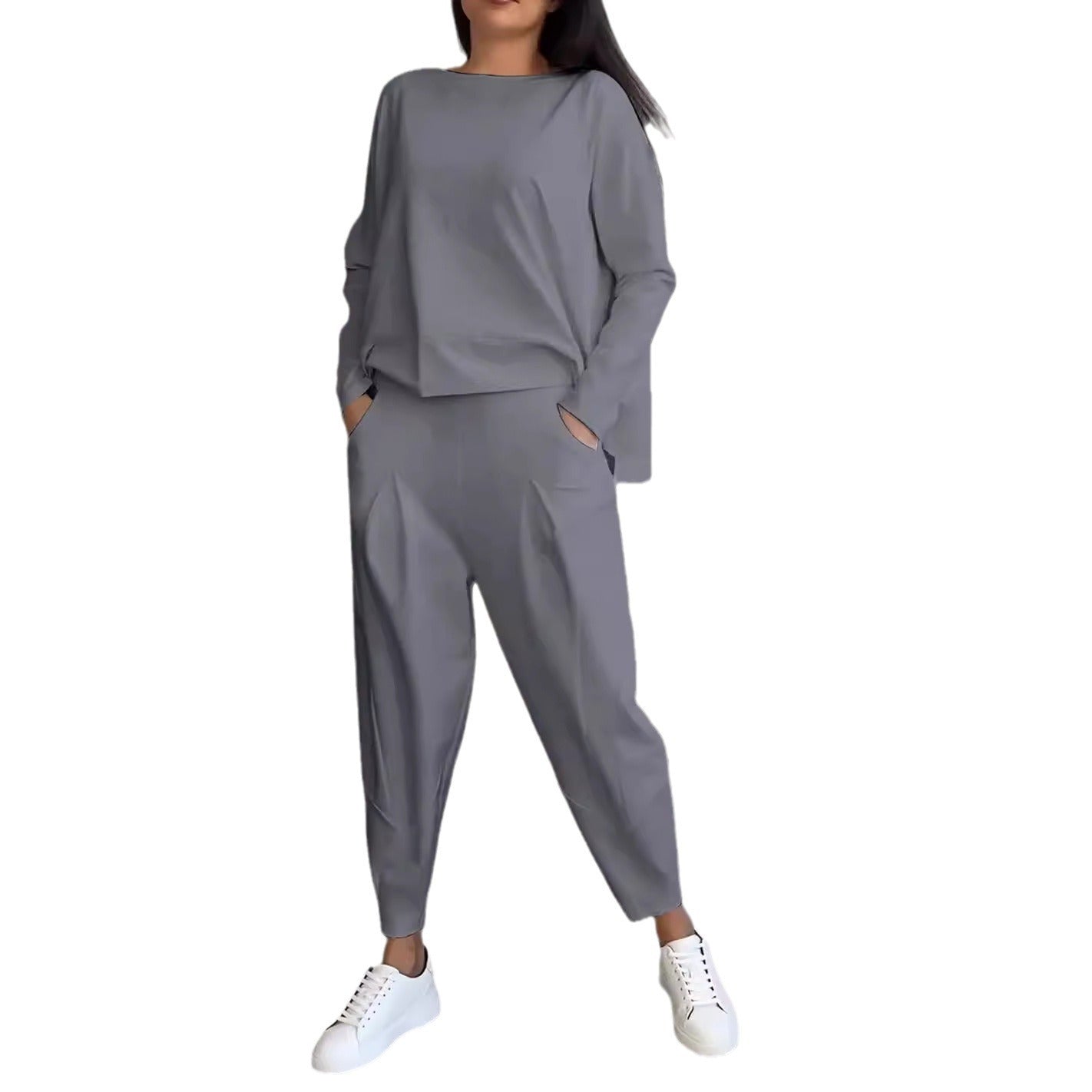 Janet – Unregelmäßiges Design Damenanzug mit Langarm-Sweater und Haremshose