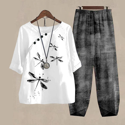 Damen Freizeit Zweiteiler Set – Lockeres Oberteil mit Libellen-Print und Asiatisch Inspirierten Hosen, Modisch für Alltag und Urlaub