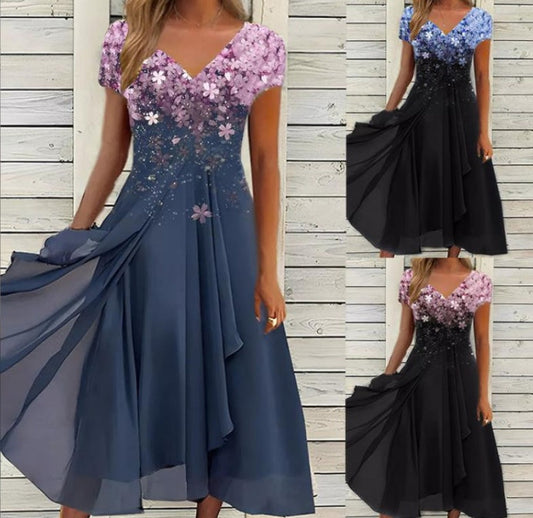 Damen Elegantes Chiffonkleid mit Blumenmuster und V-Ausschnitt – Festliche A-Linien Sommermode