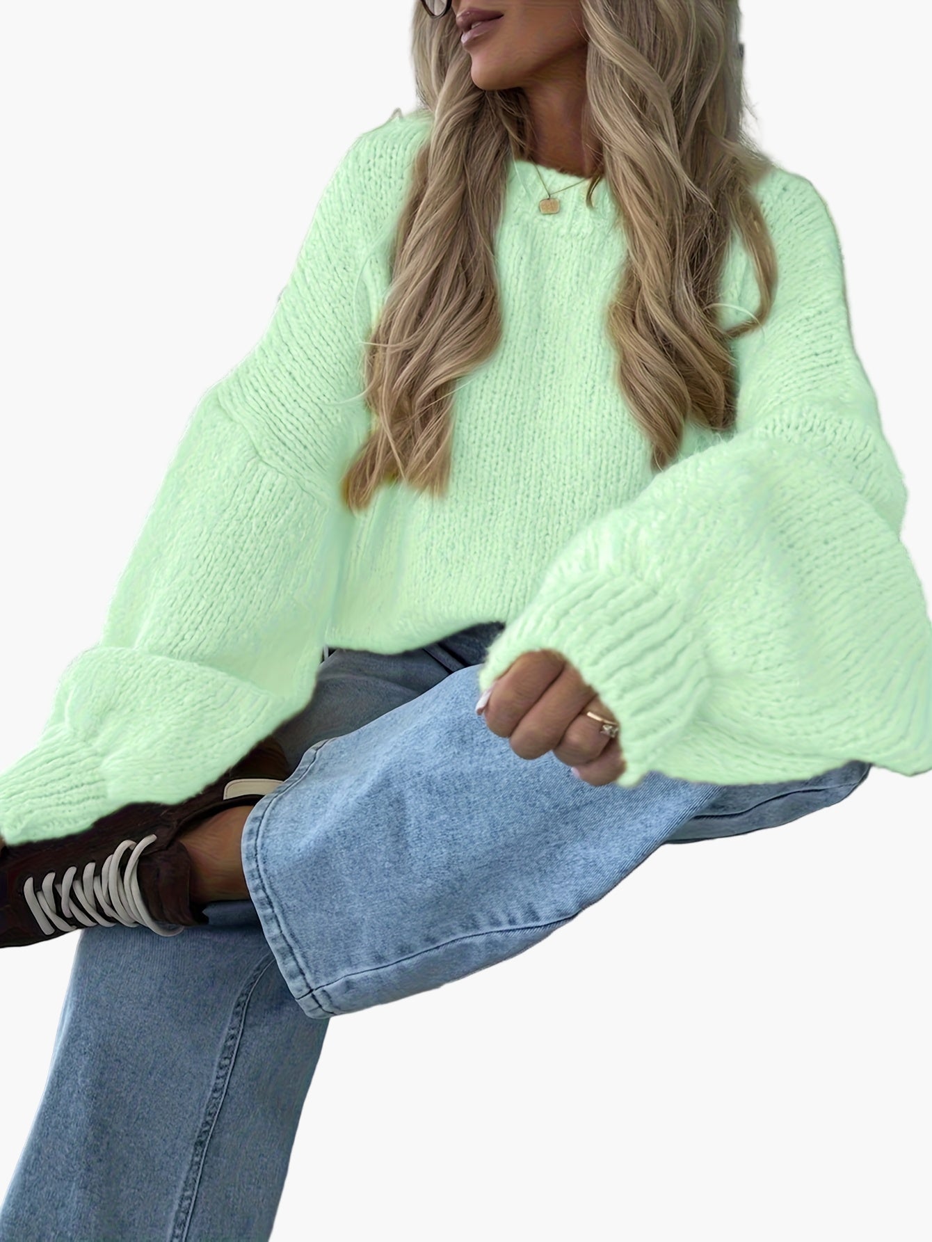 Damen Oversize Strickpullover mit Ballonärmeln für Herbst und Winter – Modischer Freizeit-Look