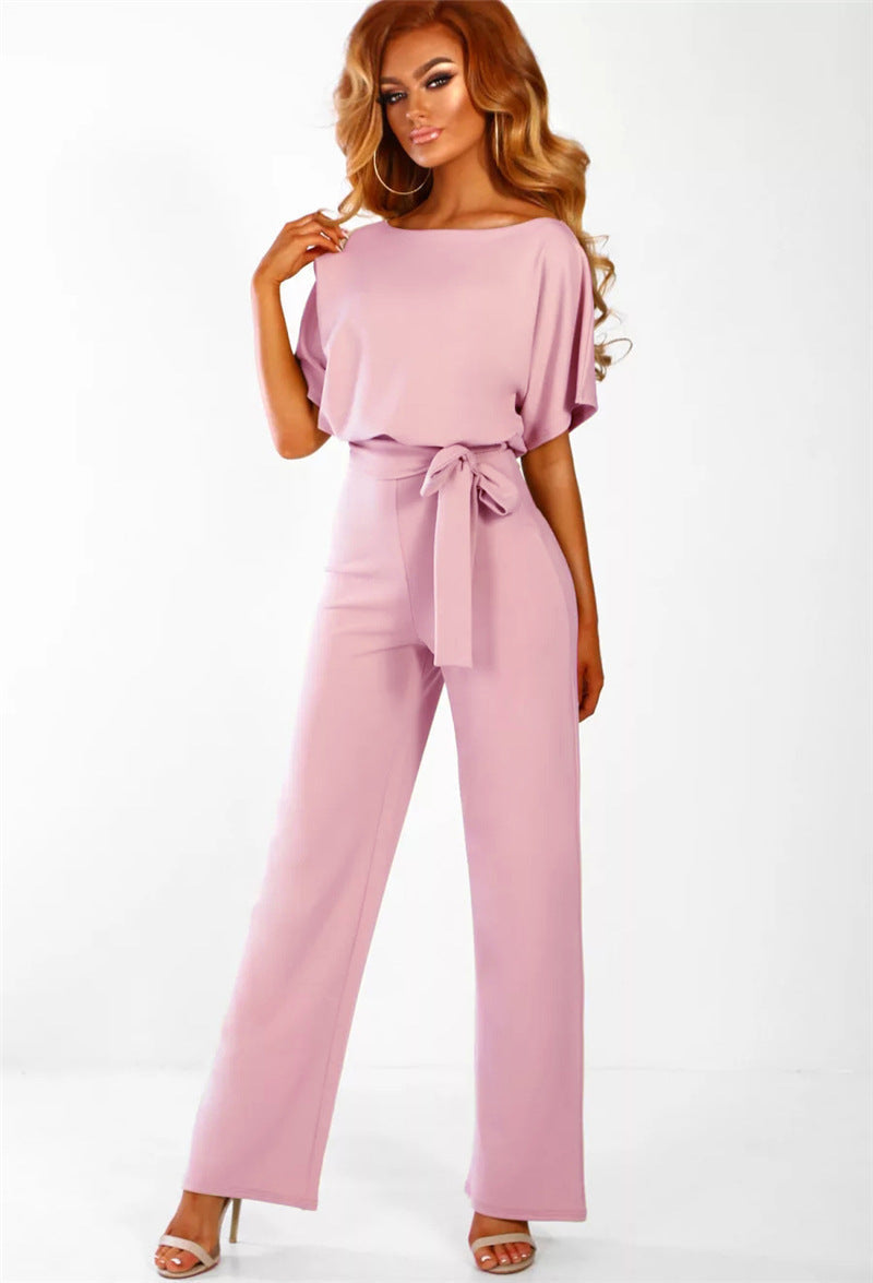 Kathryn – Modischer Kurzarm-Jumpsuit mit Schnürung und Knopf in 7 Farben