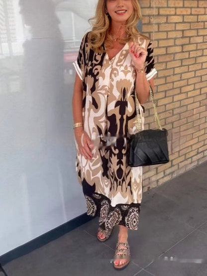 Francesca – Lockeres V-Ausschnitt Kleid mit einfachem Druck
