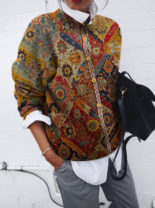 Kathleen – Langer Cardigan mit geometrischem Druck und langen Ärmeln