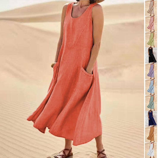 Marie – Langes ärmelloses Kleid mit Taschen