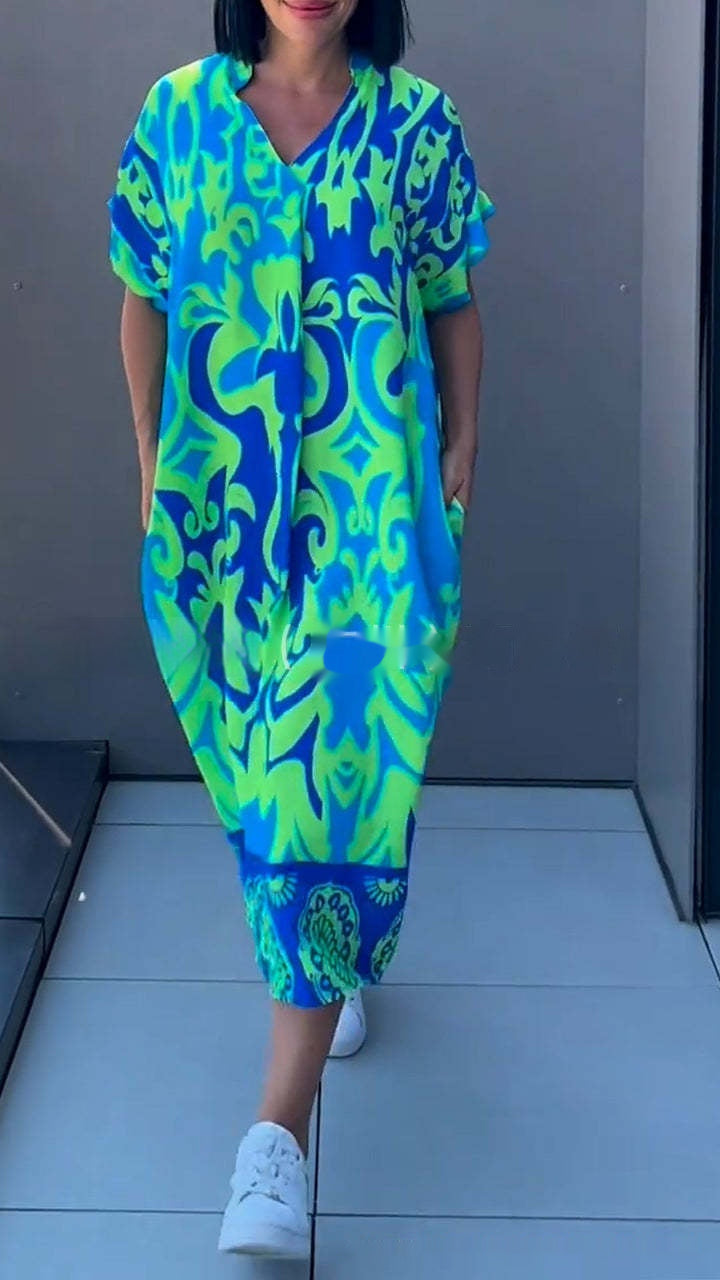 Francesca – Lockeres V-Ausschnitt Kleid mit einfachem Druck