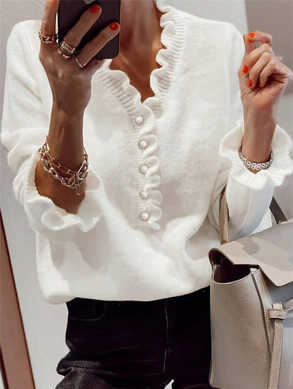 Caroline – Winter V-Ausschnitt Volant Strickpullover mit langen Ärmeln