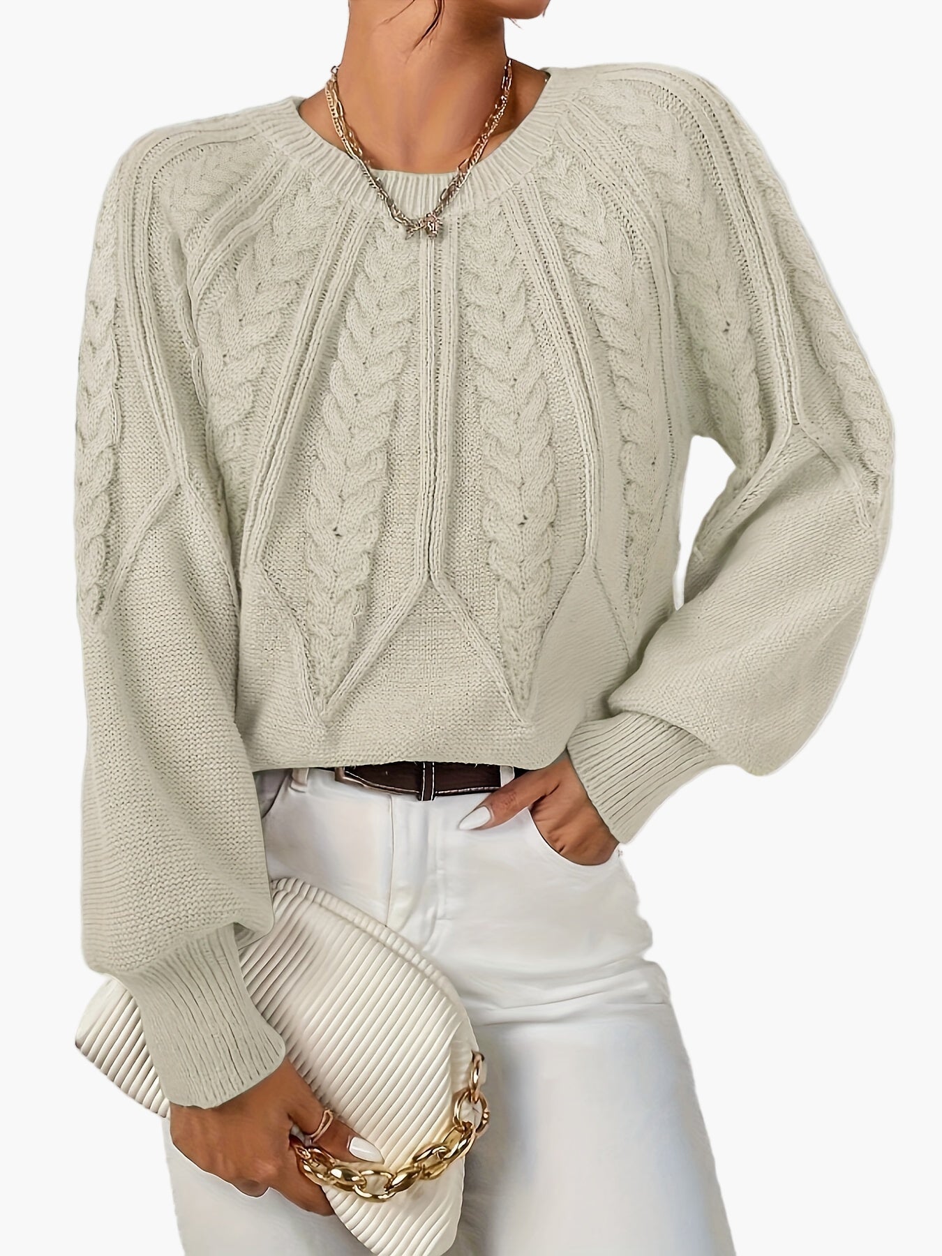Damen Strickpullover mit Zopfmuster und Rundhalsausschnitt – Eleganter Style für Freizeit & Büro