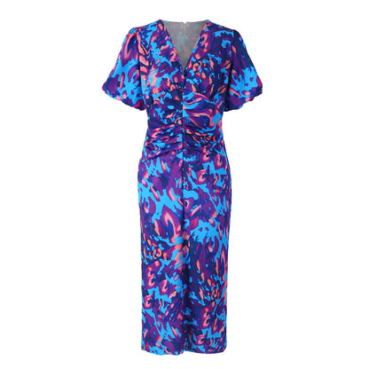 Damen Midikleid mit Puffärmeln und modischem Animal-Print – Elegantes Sommerkleid für besondere Anlässe