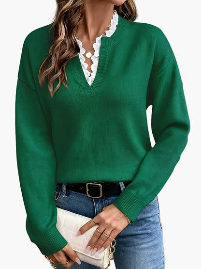 Damen Elegant Pullover mit V-Ausschnitt und Rüschenkragen – Perfekt für Alltag & Büro