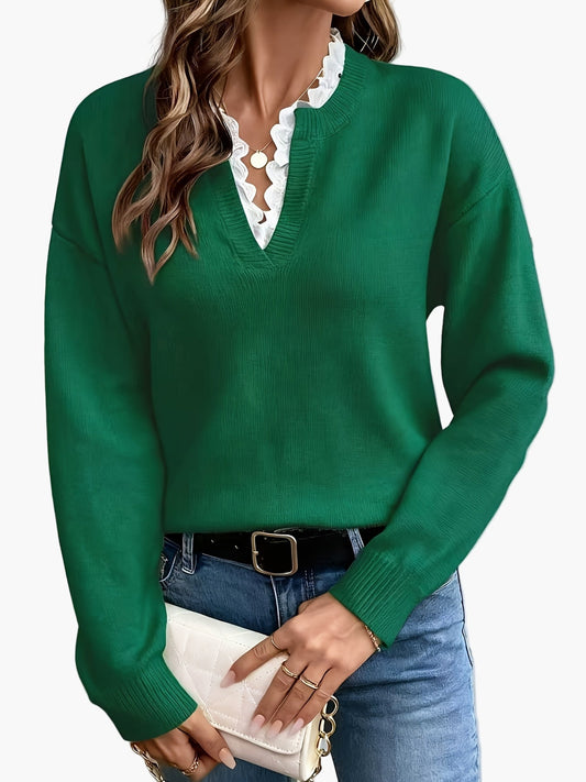 Damen Elegant Pullover mit V-Ausschnitt und Rüschenkragen – Perfekt für Alltag & Büro