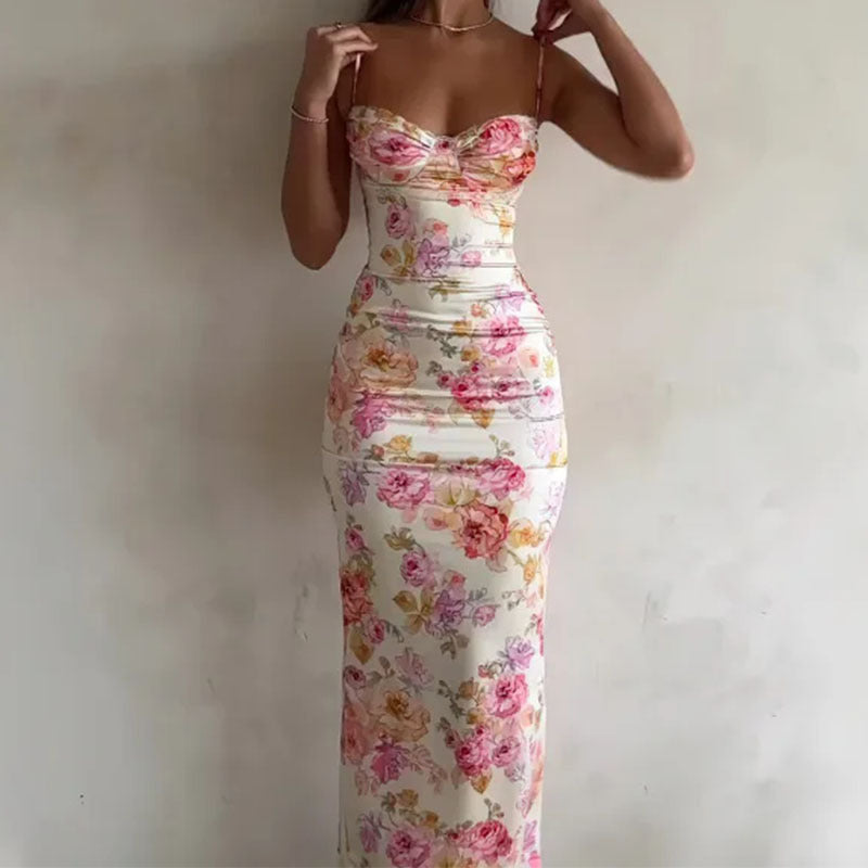 Damen Elegantes Sommerkleid mit Blumenmuster – Figurbetontes Maxikleid mit Spaghettiträgern für besondere Anlässe