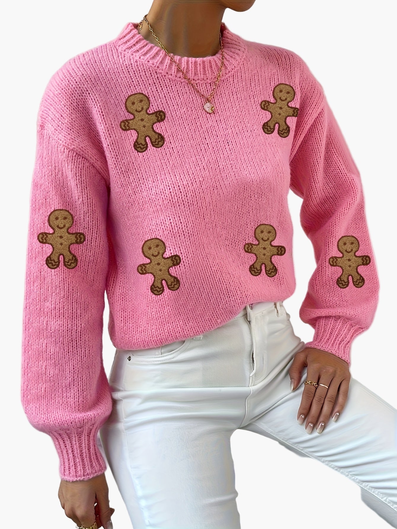 Damen Pullover mit Lebkuchenmann Motiv – Verspielter Strick-Sweater im Trend-Design für Herbst und Winter
