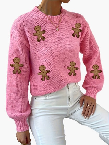 Damen Pullover mit Lebkuchenmann Motiv – Verspielter Strick-Sweater im Trend-Design für Herbst und Winter