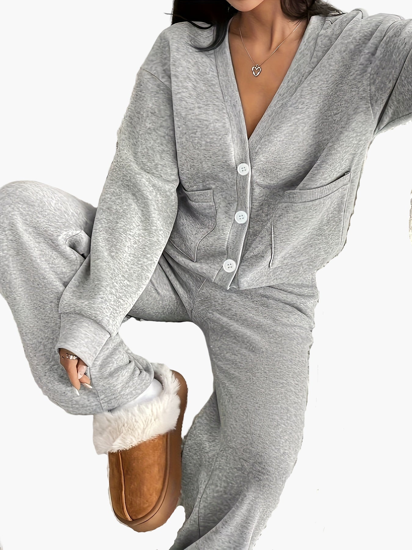Damen Loungewear Set – Bequemes Freizeit Hausanzug mit Knopfleiste für Zuhause und Alltag