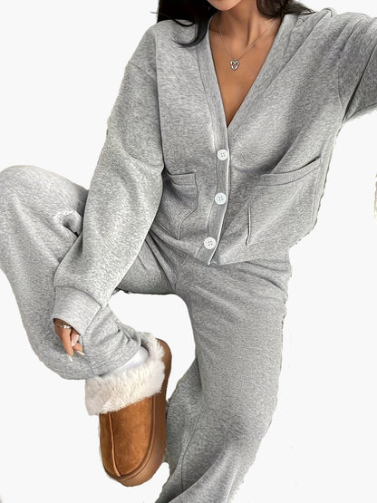 Damen Loungewear Set – Bequemes Freizeit Hausanzug mit Knopfleiste für Zuhause und Alltag