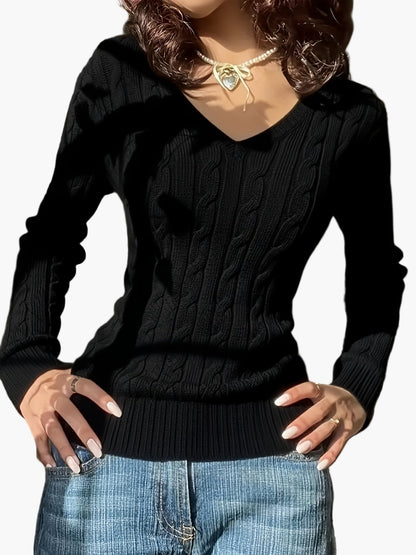 Damen Strickpullover mit Zopfmuster und V-Ausschnitt – Modischer Freizeit-Look
